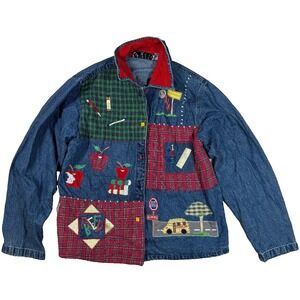 VTG 90s Keren Hart Denim Patchwork Quilt Jacket Teacher Plaid Apples Bus Size L